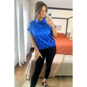 Vintage Greenwich Square Size 16 Large XL Royal Blue Silky Mock Neck Blouse